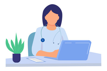 Doctor woman working on laptop in office, hospital, medicine concept, flat vector