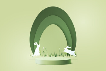 Aufkleber - Happy Easter background.Paper art of easter eggs and rabbit with egg shape.Product display podium mockup, Banner template design.Vector illustration.