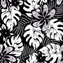 Exotic Vintage Tropical Monstera Plants Seamless Pattern With Palm Leaf And Abstract Hibiscus Flower In Black White Color On Night Background. Fashionable Texture. Summer Print Design. Decorative
