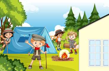 Sticker - Scene of backyard and camp with kids and fence