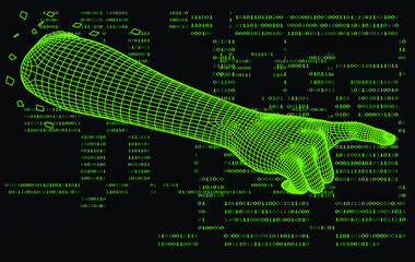 Low-poly 3D hand on dark background with binary code. Retrofuturistic cyberpunk style illustration.