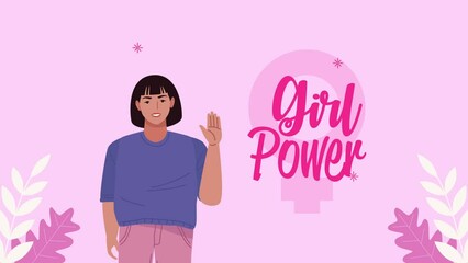 Wall Mural - girl power lettering with woman and leafs