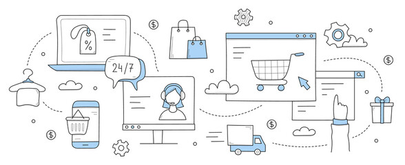 Wall Mural - online shopping doodle concept. internet sale, purchase via digital platforms, computers and mobile 
