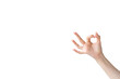 Finger circle. Advertising background. Go away. Expelling gesture. Female hand gesture kicking out something invisible isolated on white copy space.