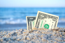 Two One Dollar Bills Half Buried In Sand On Sandy Seashore Close-up. Two Paper Dollar Bills Half In Sand On Sea Beach On Sunny Day. Concept Money, Finance, Investment, Wealth, Poverty, Financing, Cash