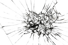 Texture Of Broken Glass. Cracks On Transparent Window Isolated On White Background. Lines Destroyed By Vandals Showcases