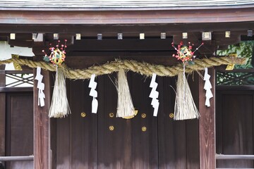 Sticker - The culture and tradition of Japanese shrines Shimenawa. Shimenawa is a sacred rope of ric-straw.It separetes a holy place from other unclean places and is concidered a barrier against evil sprits. 