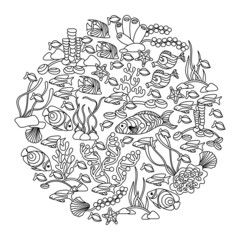 Underwater coloring book page for adult and older children. Hand drawn vector illustration