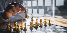 Businessman Playing Chess Game Reaching To Plan A Strategy For Success, Thinking For Planning Overcoming Difficulty And Achieving Goals Business Strategy For Win, Management Or Leadership