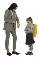 Poster - Teacher pointing on wrist watch while scolding pupil for being late against white background