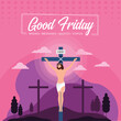 Good friday - Jesus Christ Crucified On The Cross on mountain and purple pink sunset for good friday vector illustration design