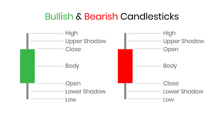 Poster - Japanese candlestick chart components part template. Bullish and Bearish system design. Crypto, stock and forex investment trading analysis.	
