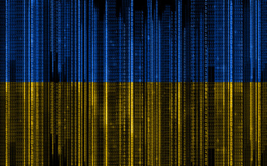 technology, cyberspace and information concept - binary code pattern in colors of flag of ukraine