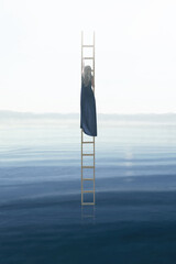 surreal illustration of a woman trying to get out of the sea on an imaginary ladder