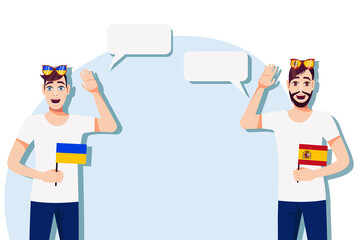 Wall Mural - Men with Ukrainian and Spanish flags. Background for text. Communication between native speakers of Ukraine and Spain. Vector illustration.