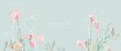 Spring season on green watercolor background. Hand drawn floral and insect wallpaper with pink wild flowers and group of butterflies. Line art graphic design for banner, cover, decoration, poster.