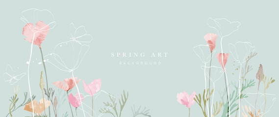 spring season on green watercolor background. hand drawn floral and insect wallpaper with pink wild 