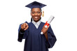 © Syda Productions - education, graduation and people concept - happy graduate student woman in mortarboard and bachelor gown with diploma pointing finger to camera over white background