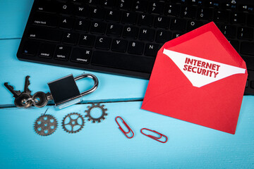 Wall Mural - Internet Security. Open letter on black keyboard