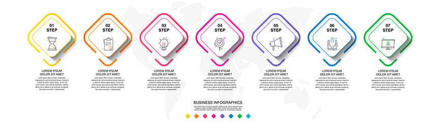 Vector line infographics with seven rhombi. Business concept graphic process template with 7 steps and squares. Graphic timeline for website, interface, chart, levels, web, diagram, banner