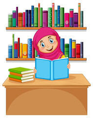 Wall Mural - Muslim girl reading book on white background