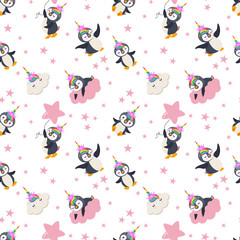 Seamless background of unicorn penguin with stars