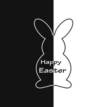 Happy Easter Festive Postcard. Easter Rabbit On Black White Background With Wish Title. Design Vector Illustration