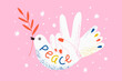 Concept for world peace day postcard with dove, branch. Hand with peace gesture. Lettering peace. Poster with symbol, no war, world day of peace, equality and love. Hand drawn vector illustration.