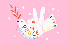 Concept For World Peace Day Postcard With Dove, Branch. Hand With Peace Gesture. Lettering Peace. Poster With Symbol, No War, World Day Of Peace, Equality And Love. Hand Drawn Vector Illustration.