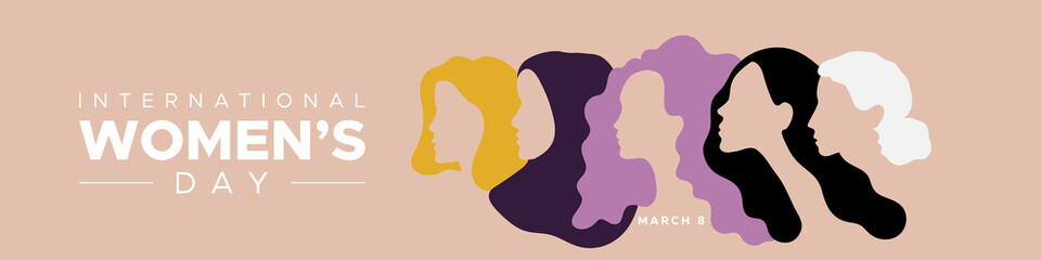 Wall Mural - International Women's Day. March 8. Portraits of different women in profile. Horizontal format. Vector illustration, flat design