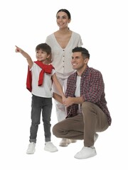 Wall Mural - Little boy with his parents together on white background