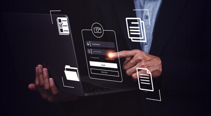 Hand login to computer security personal data and login and password, cyber security concept, data protection and secured internet access, cybersecurity