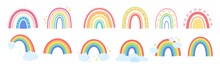 Cute Rainbows With Clouds, Stars And Hearts, Scandinavian Rainbow Doodles. Colorful Nursery Doodle, Kids Fashion Fabric Print, Childish Boho Elements Vector Set