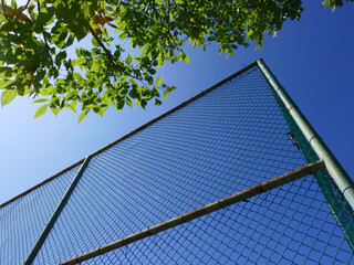 Wall Mural - perspective of wire mesh of fence with blue sky background