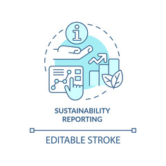 Sticker - Sustainability reporting turquoise concept icon. Eco farming. Agricultural trends abstract idea thin line illustration. Isolated outline drawing. Editable stroke. Arial, Myriad Pro-Bold fonts used