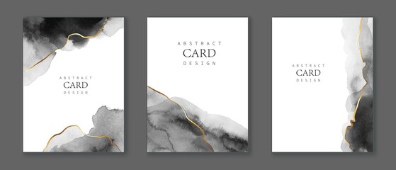 Set of vertical backgrounds, cards, covers. Monochrome, black, white, grey watercolor texture with golden lines.