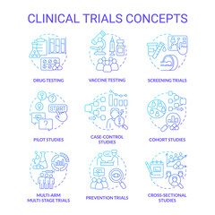 Sticker - Clinical trials blue gradient concept icons set. Healthcare study. Medical research idea thin line color illustrations. Isolated symbols. Editable stroke. Roboto-Medium, Myriad Pro-Bold fonts used