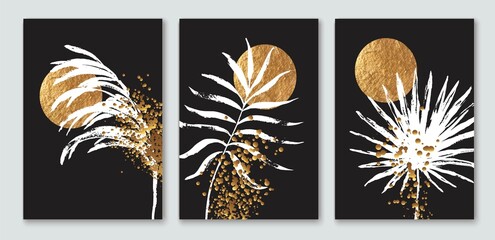 Wall Mural - Abstract minimalist wall art composition in beige, grey, black white. Golden geometric shapes, circles, monstera