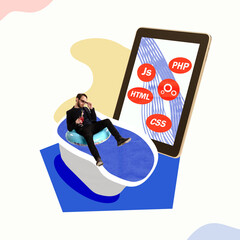 Creative design. Man in black suit resting with cocktail on bath near tablet screen, IT, programmer