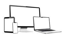 Realistic Monitor Computer, Laptop, Tablet, Smartphone. Modern Digital Devices.