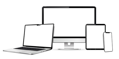 Realistic device set: monitor, laptop, tablet and smartphone