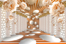 3d Wallpaper Orange Flowers And Many Balls On Tunnel Background