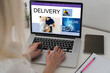 © Angelov - Online ecommerce store, dropshipping business website concept. laptop computer, shipping boxes, retail marketplace, warehouse delivery background, banner.