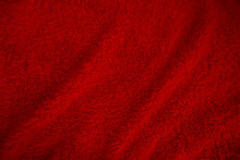 Red Clean Wool Texture Background. Light Natural Sheep Wool. Red Seamless Cotton. Texture Of Fluffy Fur For Designers Christmas Day. Close-up Fragment Red Wool Carpet...