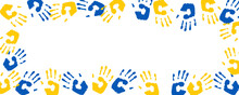 Group Of Painted Hands Of Men, Women, Kids And Baby With Colors Of Ukraine Flag. Support Ukraine. Blue And Yellow Hand Prints On White Background With Space For Text.