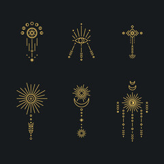 Wall Mural - set of moon and sun line art. minimal boho linear symbols. celestial mystic element. vector line art
