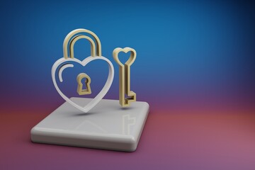 Fototapete - Wonderful Heart Padlock symbol icons on a ceramic stand and bright colored background. 3d rendering illustration. Background pattern for design. Wedding day.