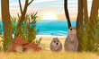 A couple of quokkas on the shore of the ocean. Sandy coast with dry grass and red stones. Short-tailed scrub wallaby Setonix brachyurus in Australia. Realistic vector landscape