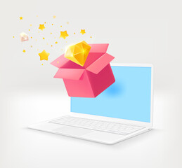 Aufkleber - Receiving package with surprize via modern laptop. 3d vector illustration