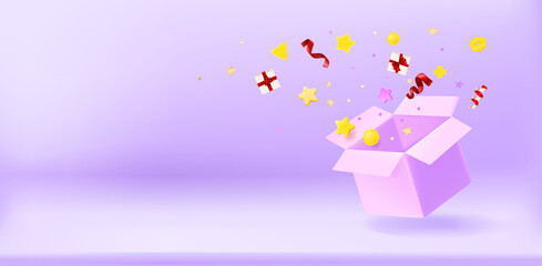 Aufkleber - Open box with surprize. 3d vector banner with copy space